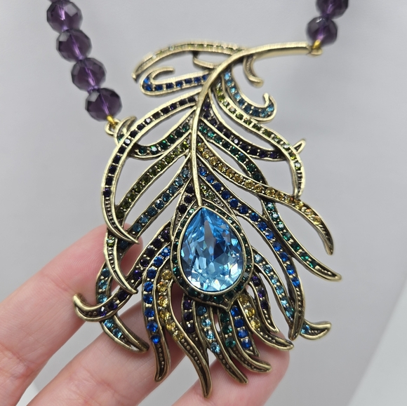 Heidi Daus Amethyst Swarovski Crystal Large Peacock Feather Necklace - Picture 8 of 14